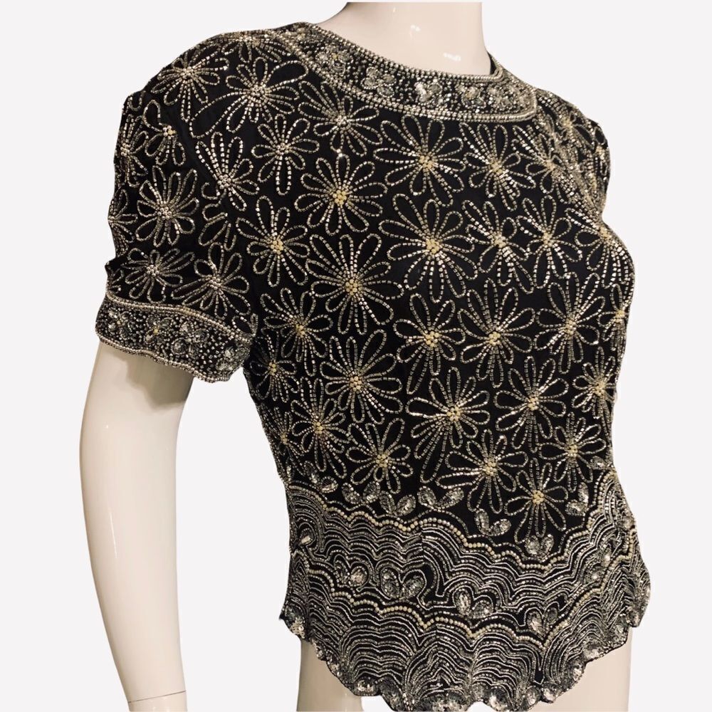 PAPELL Boutique Evening Solid Beaded 100% Silk Top with Scalloped Heim Large
